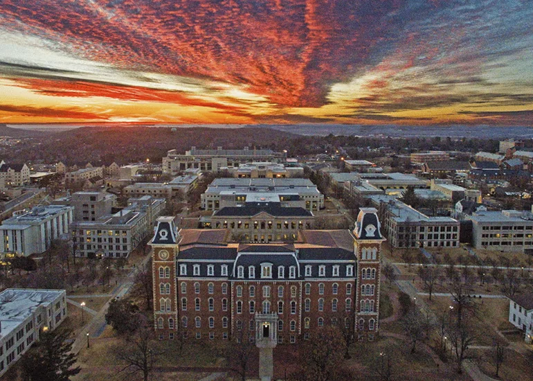 Fayetteville AR Downtown aerial sunset